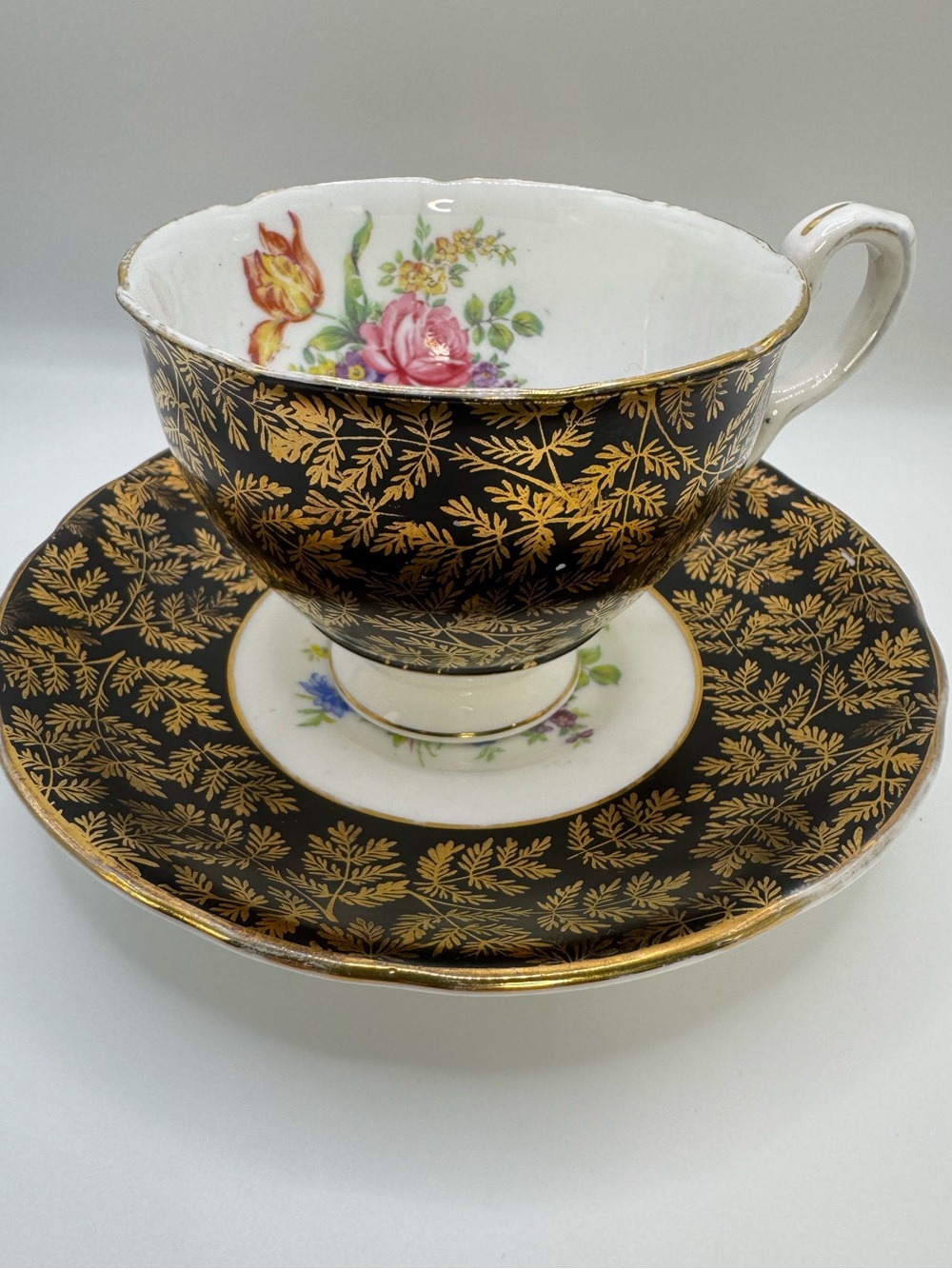 Royal Stafford Fine Bone China Black Gold Fern Tea Cup Set